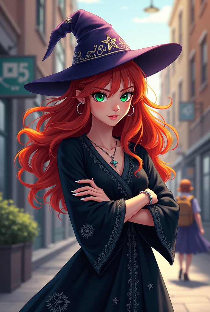 The cover art for "Unexpected Magic" would present a striking contrast between the colliding worlds of fantasy and mundane. In the foreground, Braelyn stands proudly with her arms crossed, wearing a long, flowing black robe with intricate silver embroidery depicting various magical symbols. Her fiery red hair cascades down her back in wild, untamed curls that seem to have a life of their own, matching the fierce determination in her emerald green eyes. On her head, a pointed hat adorned with more mystical symbols rests atop her unruly mane. The hat is a deep, royal purple that adds a touch of vibrant contrast against the dark tones of Braelyn's robes. Her slender fingers, tipped with sharp, elongated nails, are adorned with several rings of sparkling gemstones that cast small rainbows in the light. Behind Braelyn in the background, a blurred silhouette of Paula can be seen going about her daily routine—walking to school, carrying a backpack, or perhaps standing in front of her refrigerator. Paula’s appearance is intentionally softer and less defined to represent the ordinary high school student that she is, contrasting with Braelyn’s bold and magical presence. The title “Unexpected Magic” is written in bold, cursive across the top of the cover, with the words “Unexpected” and “Magic” highlighted in shiny gold and silver, respectively, evoking the enchanting and unpredictable nature of their cohabitation. Do it anime style