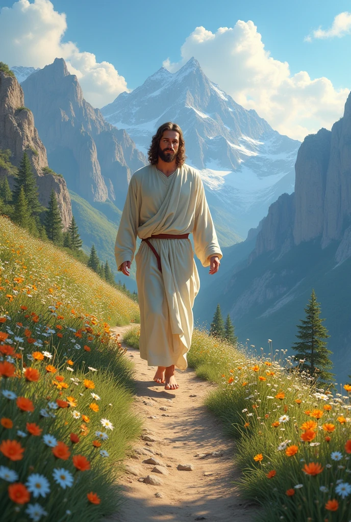 Jesus Walking Barefoot on a Flower-Covered Mountain Path: Jesus is seen walking barefoot up a narrow mountain path, which is lined with vibrant wildflowers in full bloom. He is smiling as he ascends, enjoying the fresh mountain air and the scent of the flowers. The surrounding mountains rise majestically in the distance, and a few clouds float lazily in the sky. His joy and peace are palpable as he embraces the beauty of nature.