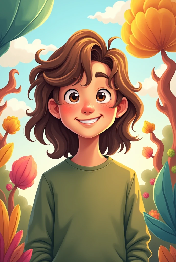 Un garçon adolescent blanc avec les cheveux longs bruns avec un sweat vert kaki Dans un style cartoon