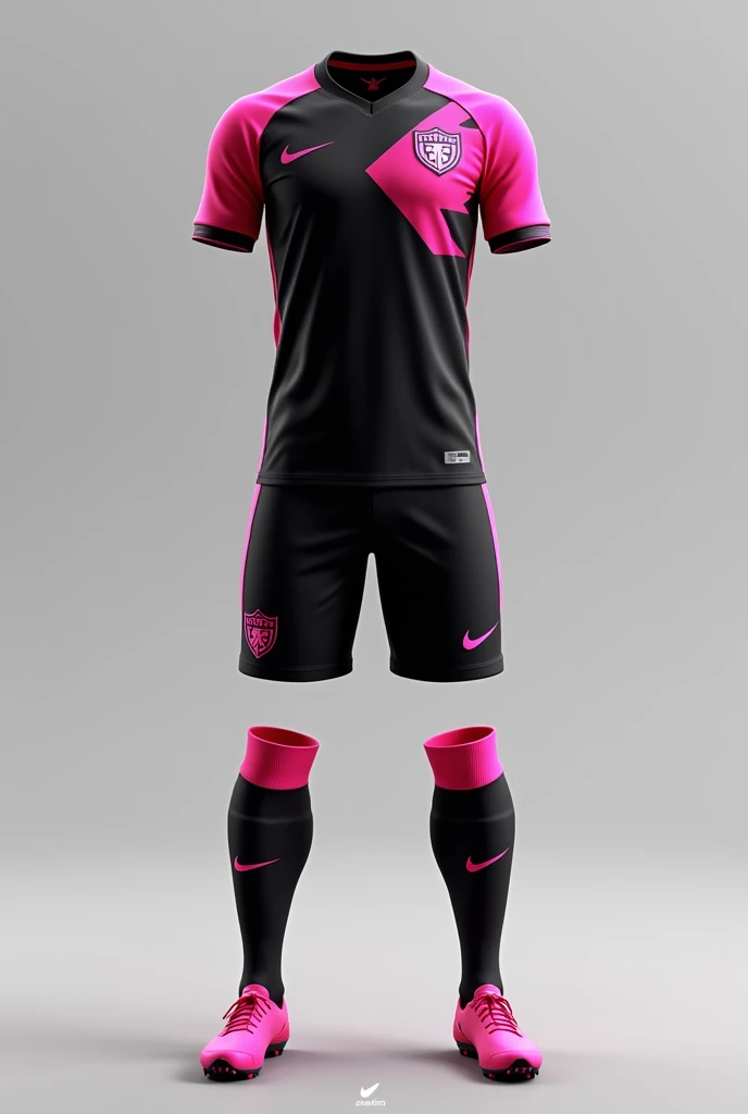 Make me a complete soccer uniform, with a futuristic design that the colors are black with pink details, Nike or Adidas brand 