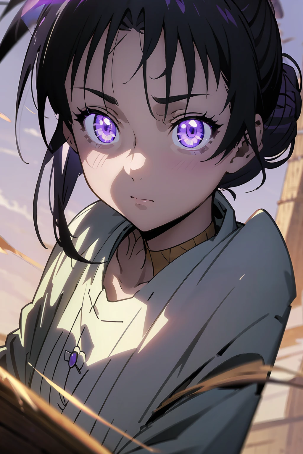 (masterpiece,best quality,1female,woman focus,looking at viewer,solo,adult,medium breasts,))

black hair,bun,headband((((bright purple eyes,perfect eyes,glowing eyes,perfect face,calm demeanor)))),((flower haori,light armor,fishnets)),standing still,caramel skin color

((detailed background,feudal era,battlefield,cloudy sky,afternoon))