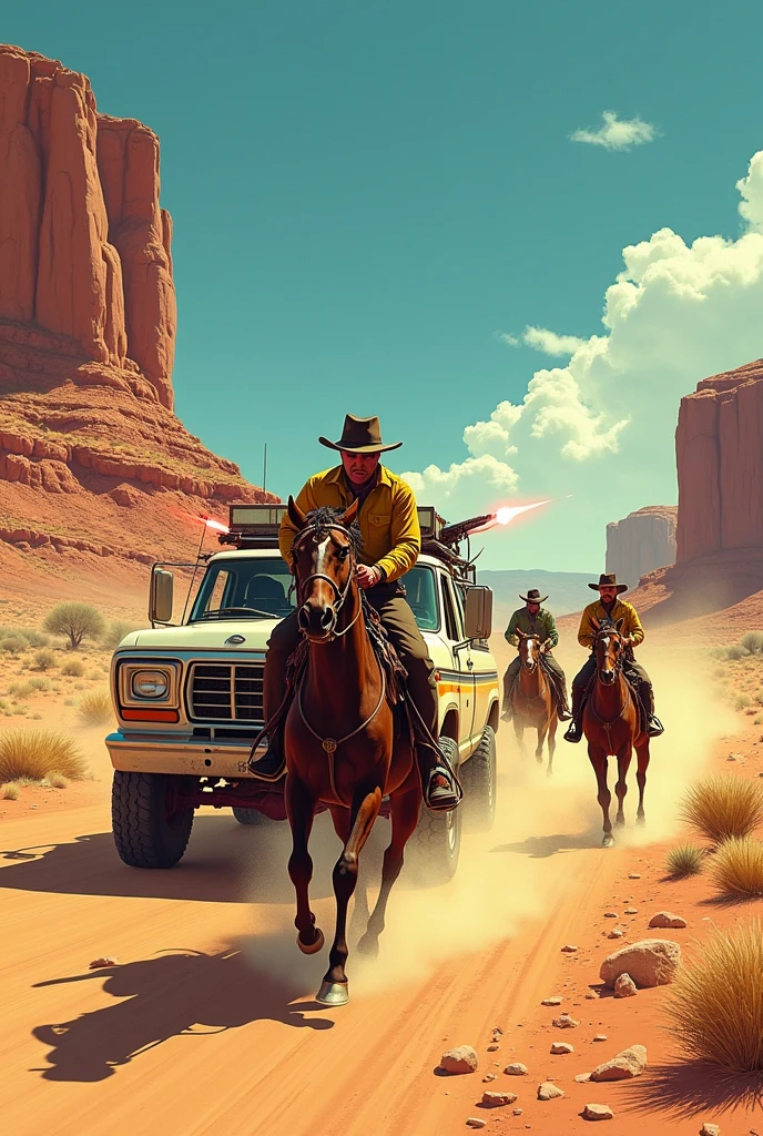 Hyperrealistic color comic 1950s in the middle of the desert the sheriff travels in his truck chasing three cowboys who shoot with their pistols Rossy Pistols is mounted on the truck shooting with his pistols several cowboys fall from their horses