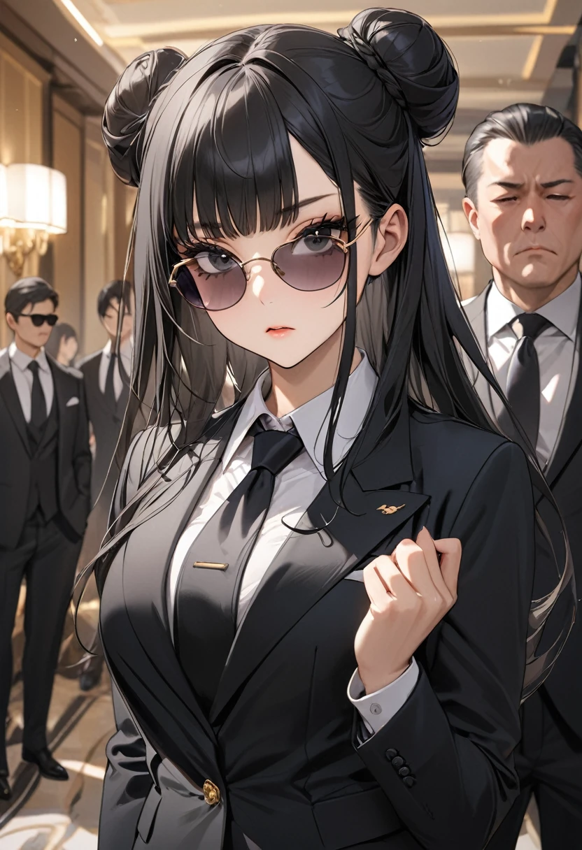 ((best quality)), ((Masterpiece)), (details), Young woman, (Medium bust, black hair, black eyes, ((long hair, buns)) ,(Bangs),Hip fart,Long eyelashes,Thick eyelashes)  , elegant, bodyguard ,sunglasses,Formal suit, black clothes, luxurious hotel, black tie,