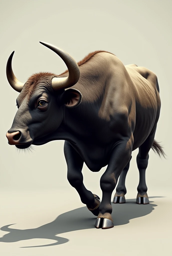Create a hyper-realistic, color image of a single bull. The bull should be detailed with lifelike textures and shading. Position the bull from side in a way that it appears to be stepping out of the image into real life, with its head and front legs extending beyond the frame. The background should be plain or very subtle to ensure that the focus remains entirely on the bull, emphasizing the 3D effect as it seems to come alive from the image
