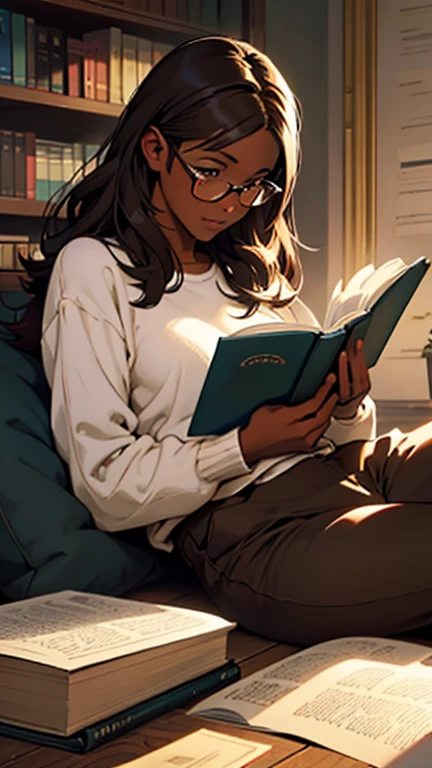 dark skinned with brown hair and eyes, wearing glasses, passionate reading, lying on the floor, reading a book you just found, dark environment. 1 girl, illustration, digitl art, highy detailed, cinematic lighting, realisitic, photorealisitic, sharp focus, bright coloured.