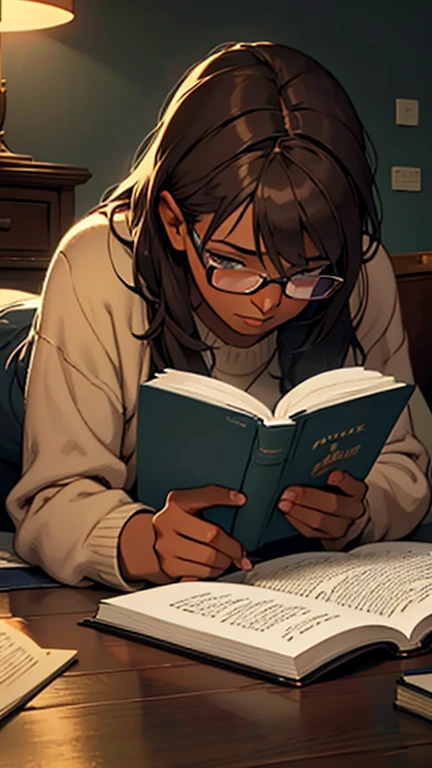 dark skinned with brown hair and eyes, wearing glasses, passionate reading, lying on the floor, reading a book you just found, dark environment. 1 girl, illustration, digitl art, highy detailed, cinematic lighting, realisitic, photorealisitic, sharp focus, bright coloured.
