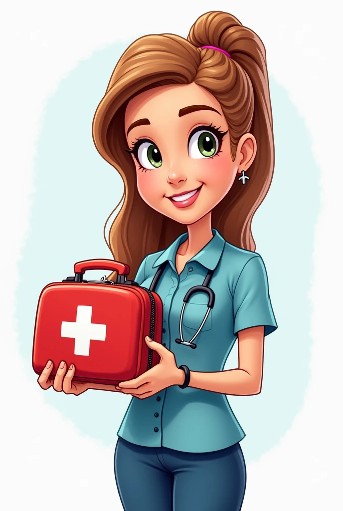 I am looking for an illustration of MESTRA HOLDING A FIRST AID KIT A Drawing style: Modern and vector, with smooth, clean lines, and vibrant colors. Cartoonish but realistic. Color: Using a palette of bright and contrasting colors that are pleasant and eye-catching. FORMAT: Illustrations arranged in a book or manual style. This illustration is intended for a guidance and training manual, so it must be clear, accessible and visually appealing."