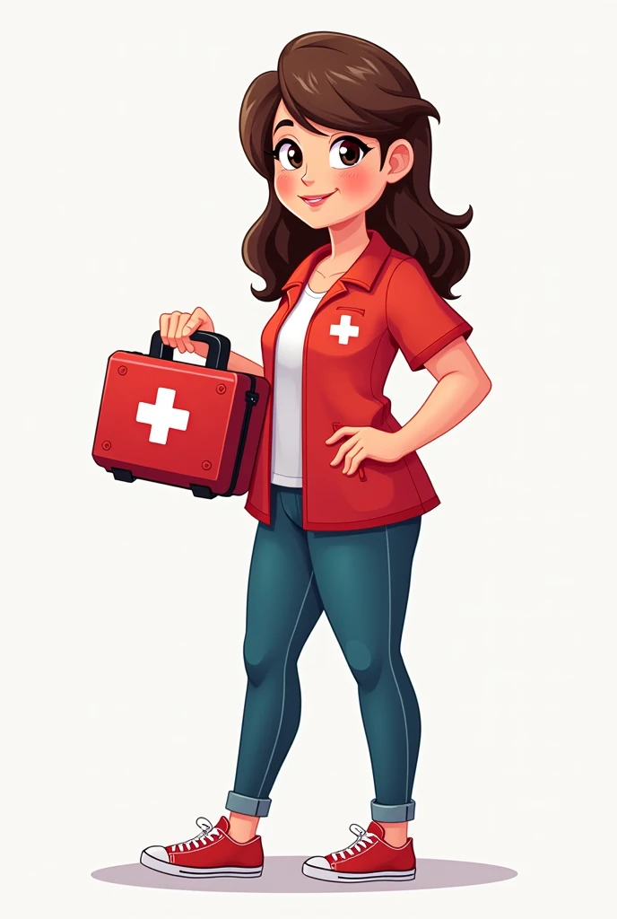 I am looking for an illustration of MESTRA HOLDING A FIRST AID KIT A Drawing style: Modern and vector, with smooth, clean lines, and vibrant colors. Cartoonish but realistic. Color: Using a palette of bright and contrasting colors that are pleasant and eye-catching. FORMAT: Illustrations arranged in a book or manual style. This illustration is intended for a guidance and training manual, so it must be clear, accessible and visually appealing."