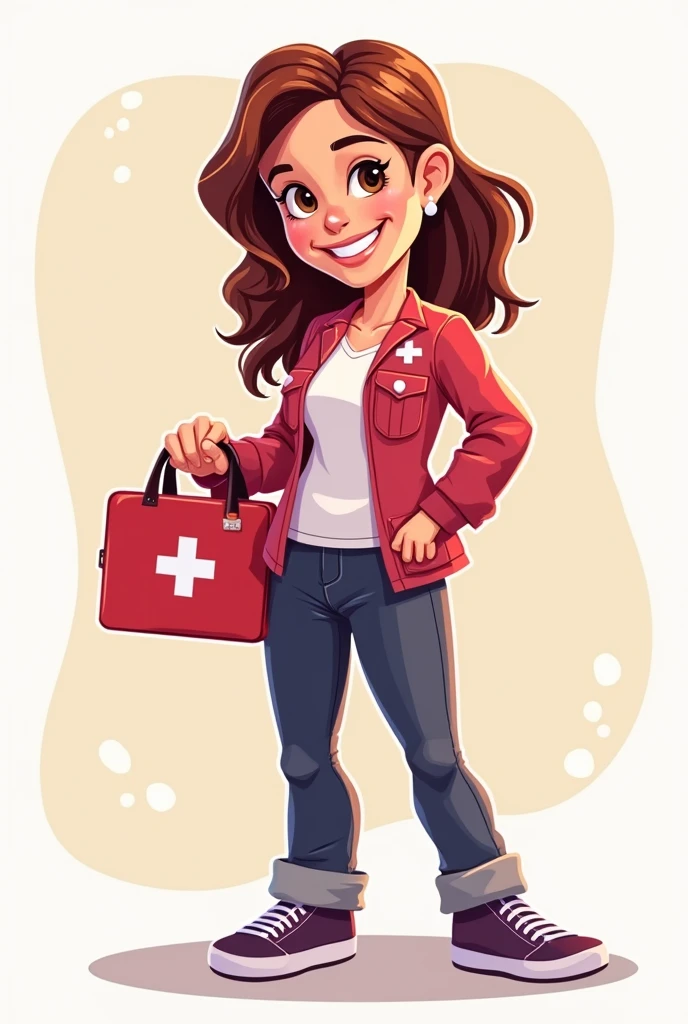I am looking for an illustration of MESTRA HOLDING A FIRST AID KIT A Drawing style: Modern and vector, with smooth, clean lines, and vibrant colors. Cartoonish but realistic. Color: Using a palette of bright and contrasting colors that are pleasant and eye-catching. FORMAT: Illustrations arranged in a book or manual style. This illustration is intended for a guidance and training manual, so it must be clear, accessible and visually appealing."