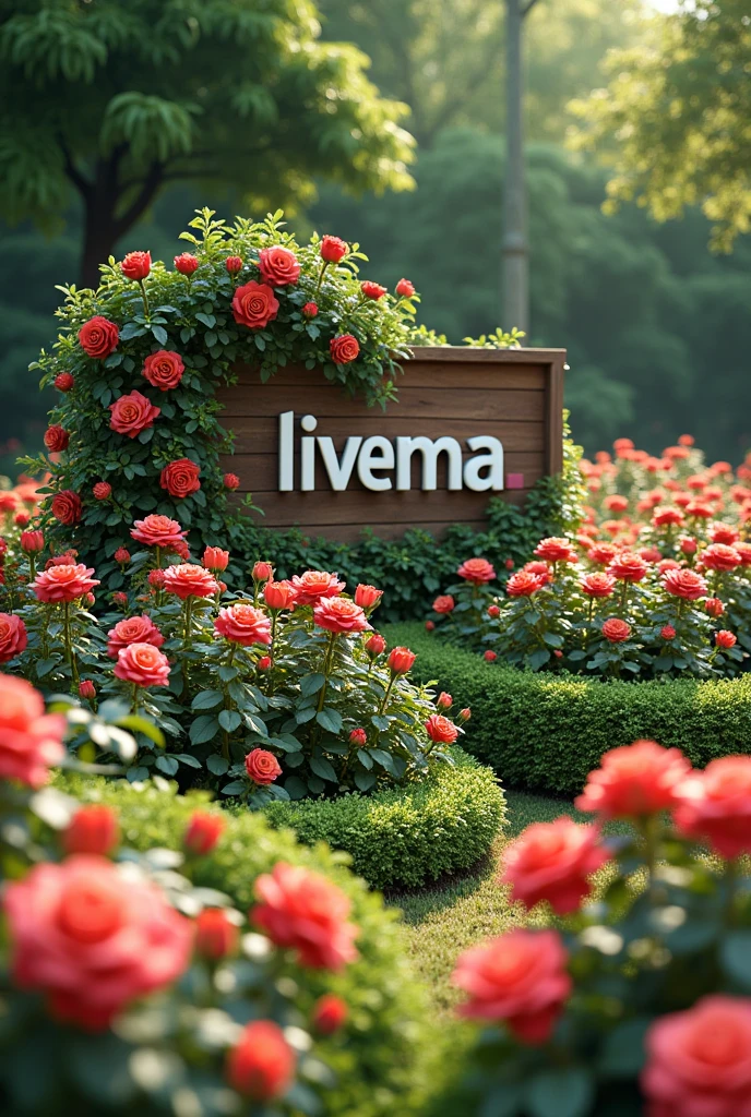 Garden full of flowers and roses with a sign that says Livema