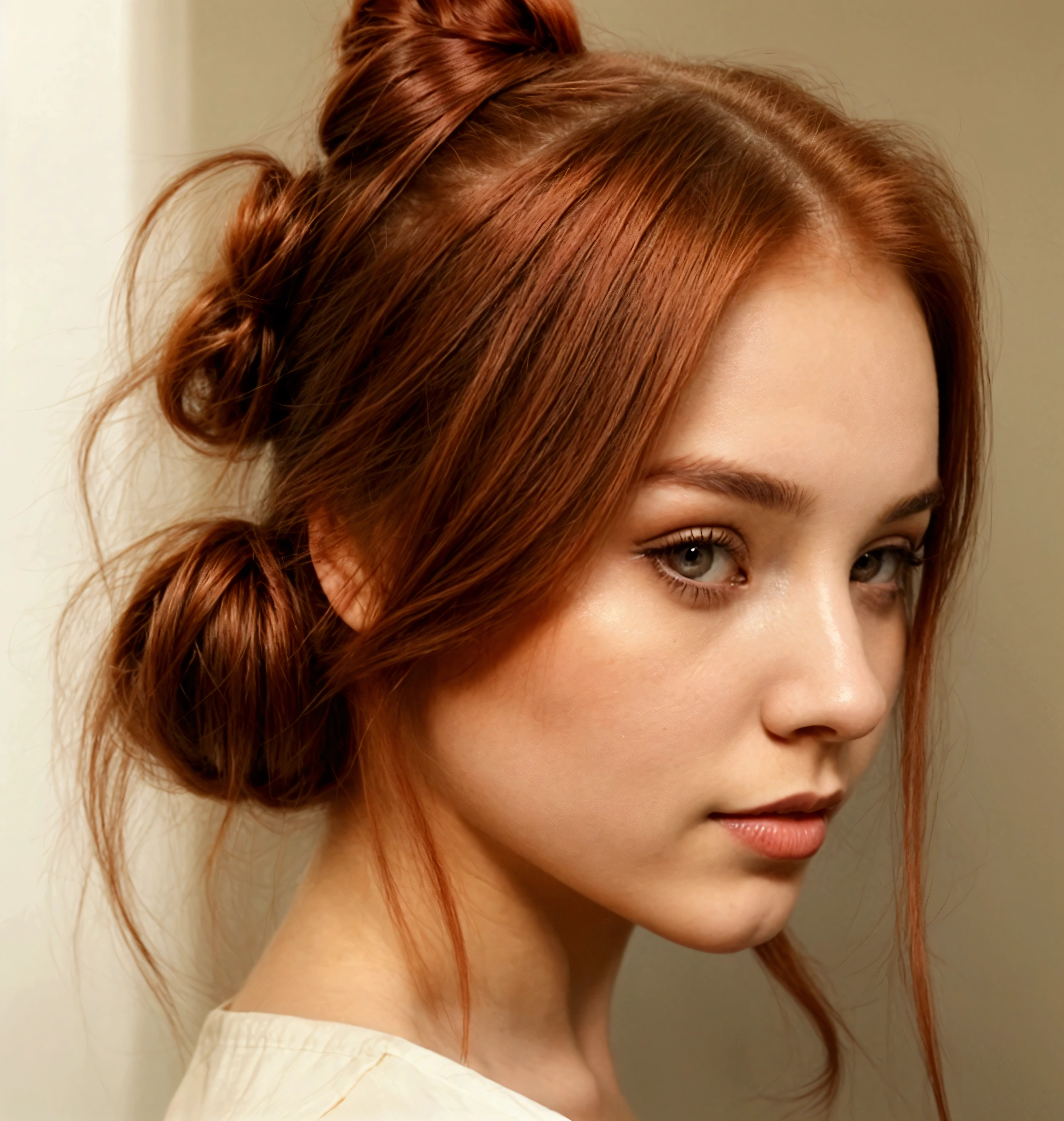 beautiful young woman, 20s, red hair, brown eyes, realistic, wearing a bun with her hair half loose in a square