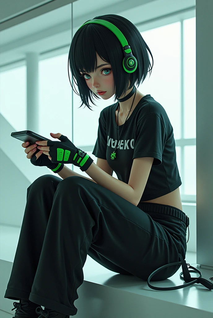 a girl with short black hair,Use a black and green band, wear a tight t-shirt,wide trousers, black boots,black and green gloves, She has a console in her hand while sitting in a building