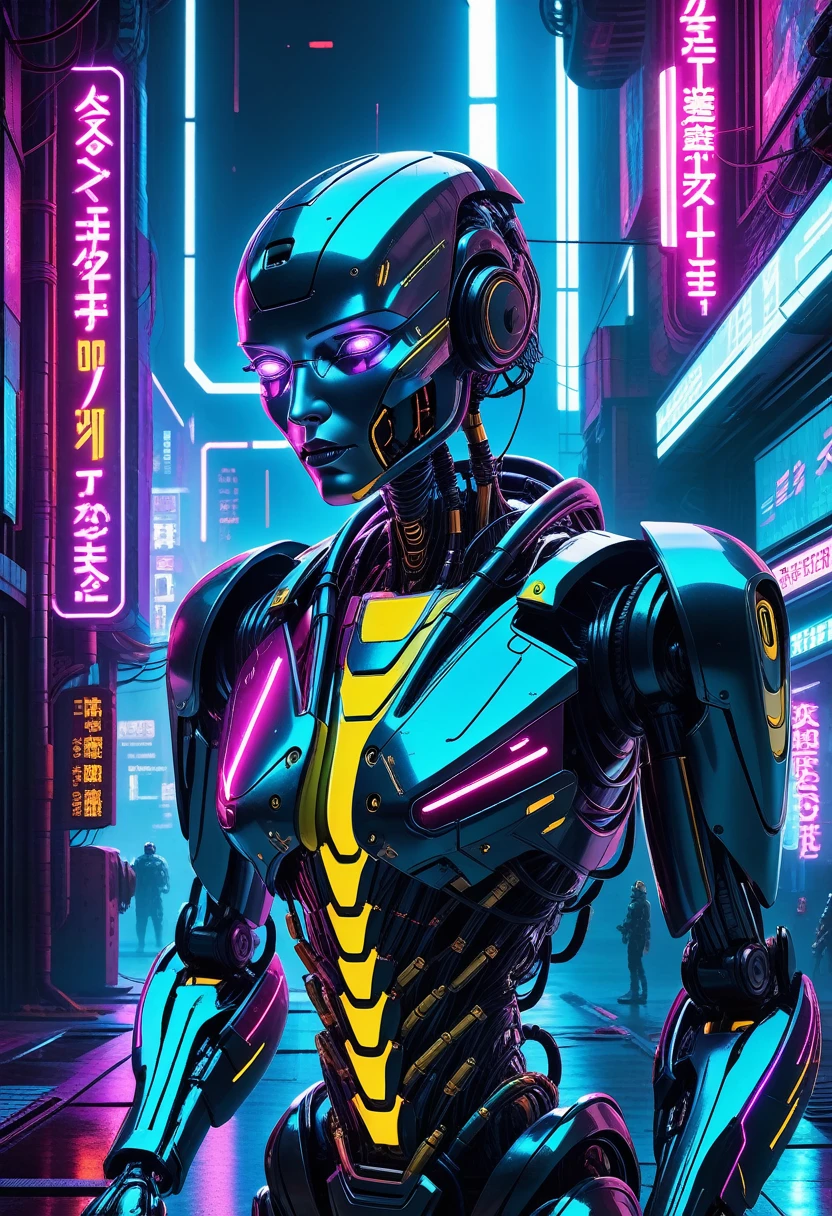 Robot Story, , (reimagined in a Cyberpunk universe), (Cyberpunk style), (Cyberpunk), (Enhancement), (Cybernetics), Glowing neon lights, Movie Scenes, hero view, Action poses, Beautiful 8K, Detailed background, masterpiece, best quality, high quality, absurd, vivid, Delicate skin texture, (blush:0.5), (Goosebumps:0.5), Subsurface scattering,
