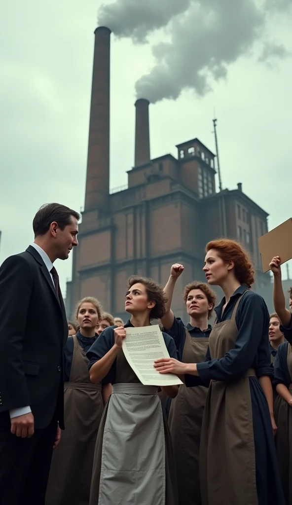 group of determined factory workers, mostly women, stand united, holding signs while one of them receives a signed document from a stern-looking factory representative; late 19th century; the workers are dressed in simple work attire with long skirts and aprons, while the representative wears a dark, formal outfit; they are outside a large brick factory in London; the workers raise their signs and fists in protest as the document is handed over; in the background, the factory’s smokestacks emit smoke into a cloudy sky; wide shot capturing the interaction with the factory looming in the background; hyper-realistic, photo realism, cinematography. The camera lens size should be 200mm, aperture f/4.5, and ISO 1600. The artistic medium should be color photography.