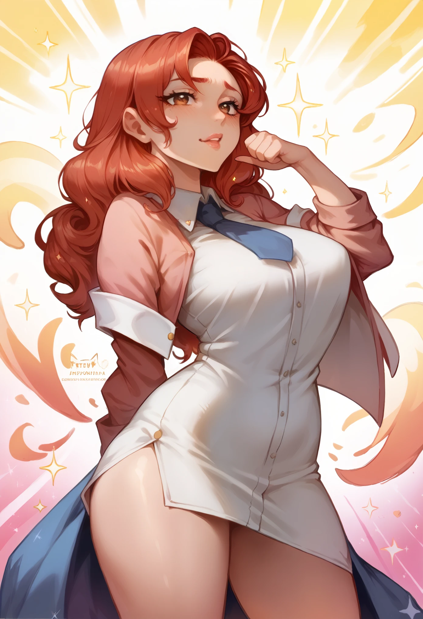 An art teacher with long red hair, standing in colorful, eccentric clothing that stands out against the school environment. She is looking at the camera with a dreamy, slightly distracted expression. Her posture is relaxed and open, as if she’s ready to share her creative world with anyone willing to listen. Her brown eyes sparkle with passion and creativity.