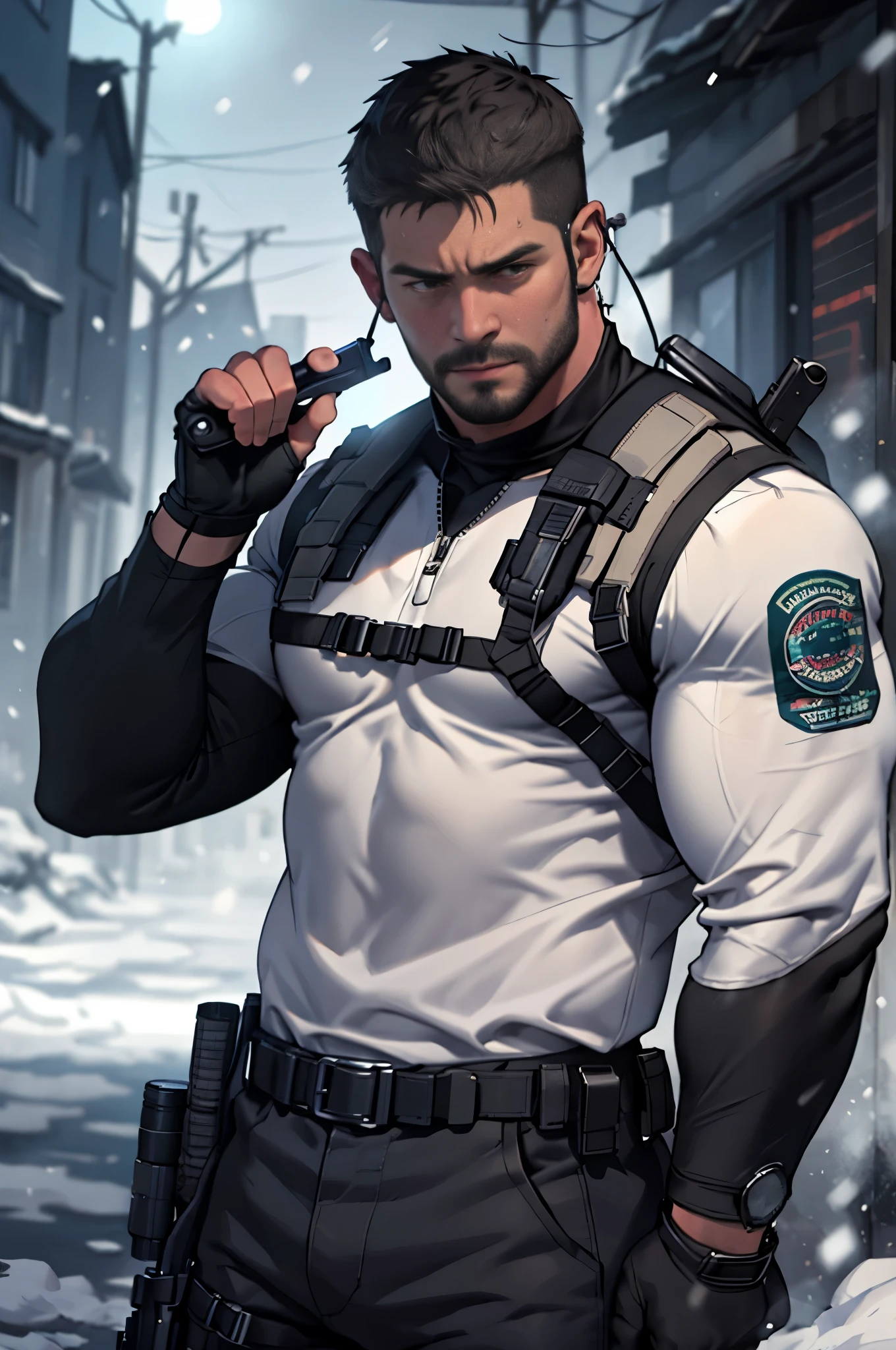 Dark gothic village in the background, old Chris Redfield from Resident Evil 8, 4, muscular male, tall and hunk,No shirt ,sexy,sixpack,Sweating , trousers, shoulder holster, earpiece, belt, thick beard, cold face, holding an assault rifle gun, video games style, high resolution:1.2, best quality, masterpiece, dark nightime, dark atmosphere, winter, snowing, shadow, upper body shot
