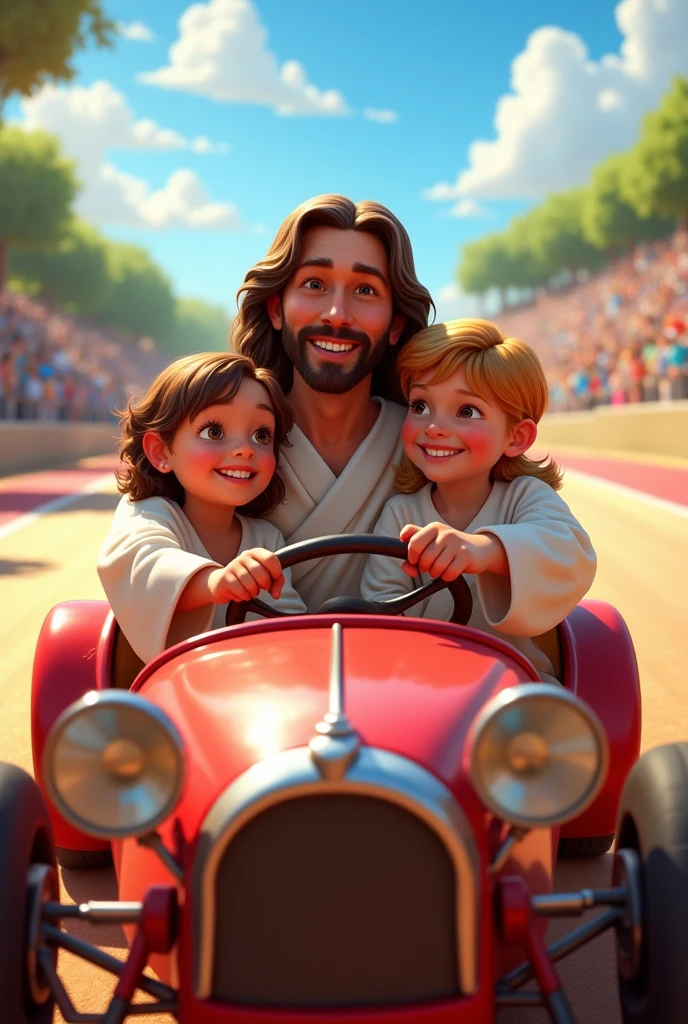 Uma imagem estilo Disney Pixar com Jesus e 3 crianças em um carro numa Speedway. Jesus must be driving the car, the steering wheel must be clearly visible. MAKE JESUS SMILER, Speedway
