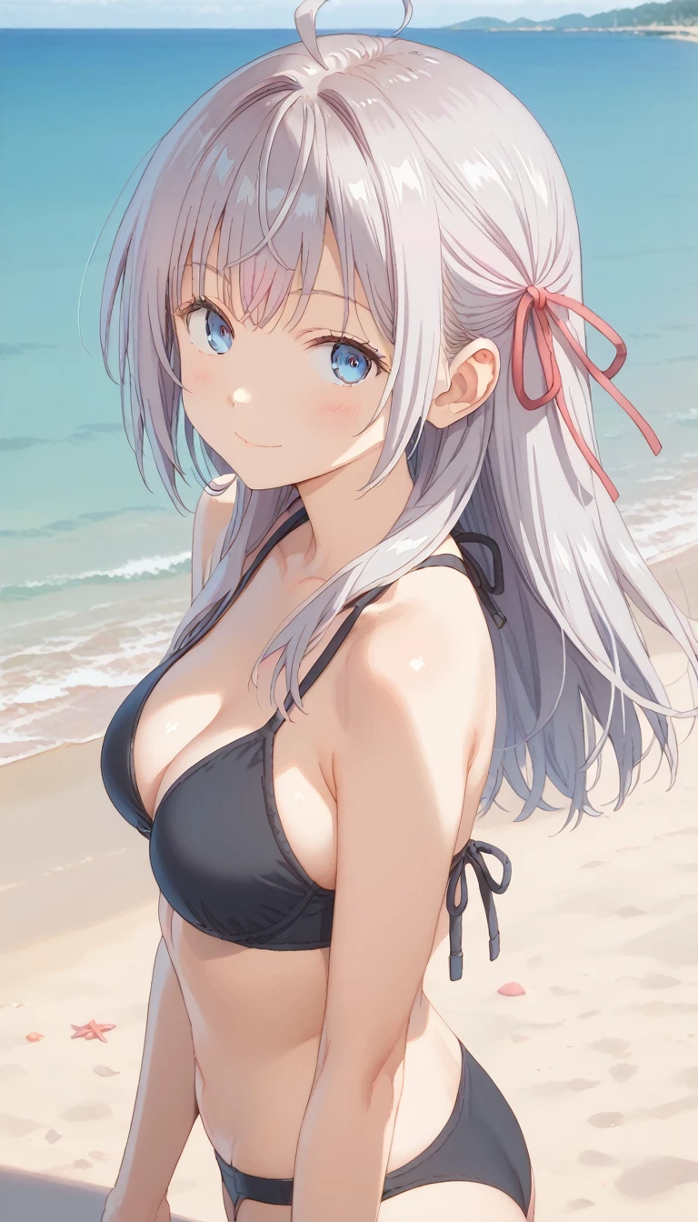score_9, score_8_up, score_7_up, source_anime, masterpiece, absurdres, medium breasts, mature woman ,perfect face, 1girl, cute expression, smiling, looking at viewer, standing, arched back, beach, alisamikhailovna, alisamikhailovna kujou, long hair, bangs, blue eyes, ahoge, gray hair, red ribbon, black bikini