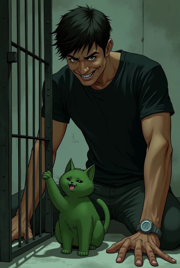 A young man with brown eyes and in black t shirt with evil laugh lock the small little poor sad green cat in the cage