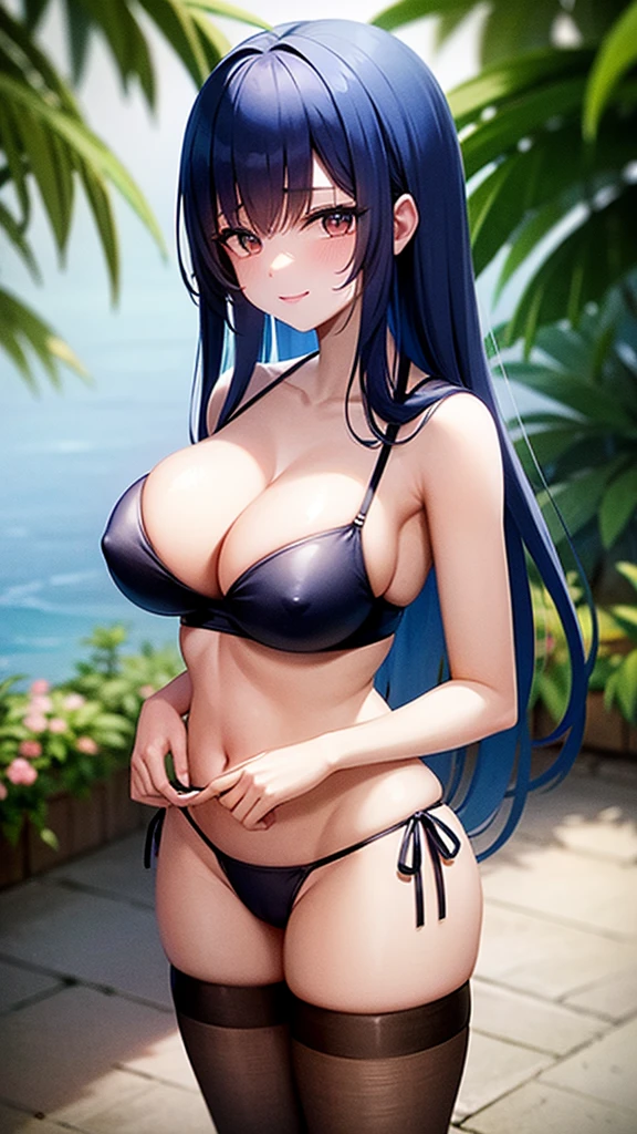 Nino:Blue long hair,She has big breasts and is wearing tight, wet white panties and a tight, wet black bra.,she is standing smiling anime 8k.