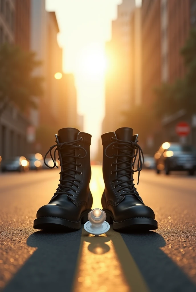 In the middle of the street, a pair of black military boots protects a baby pacifier on the street, between boots. A halo of light surrounds the baby pacifier. In the background, the buildings reveal the beautiful light of a sunny day.