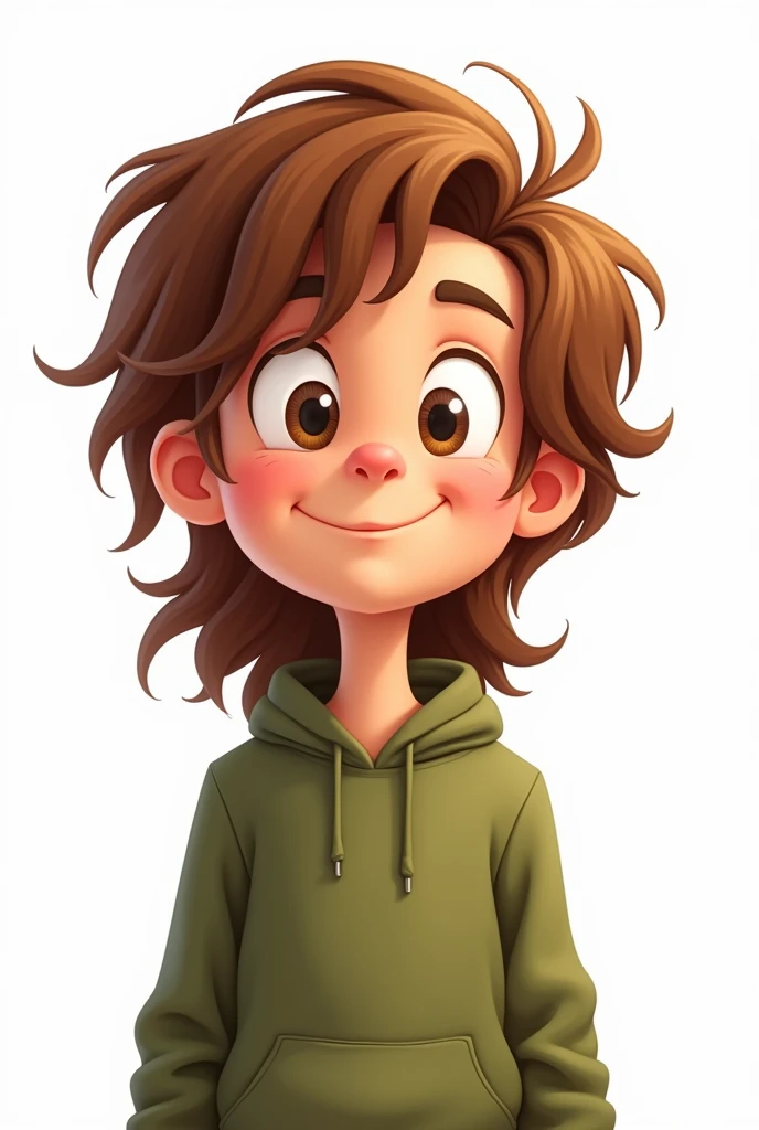Un garçon adolescent blanc avec les cheveux longs bruns avec un sweat vert kaki Dans un style cartoon avec un fond blanc