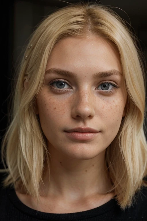 3 blonde lady with thin face with freckles and very realistic face with rounded head and