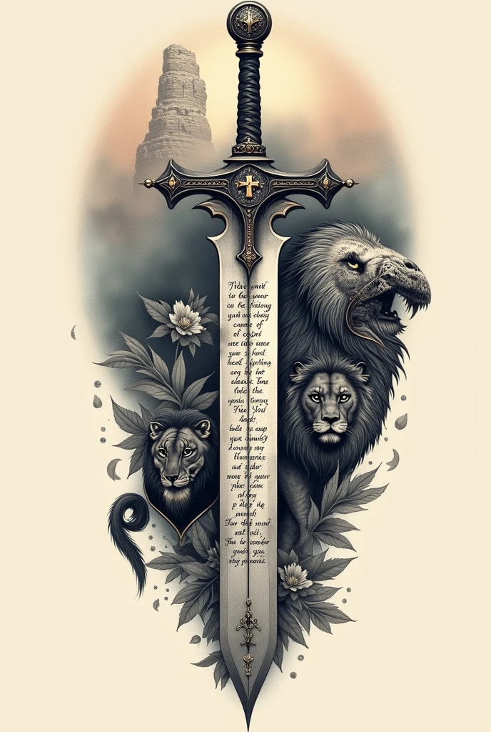 Tattoo Design Description Core Elements:
elsword (ou elsword e Escudo)Translation:
The sword is the central focus of the design.
stylized details, SOM:
Cross on the Cape.
Marks that represent divine protection.
Verse:
texto:
"Blessed be the Lord, my rock, who trains my hands for battle and my fingers for war." (Salmo 144:1)
The Distribution:
Text can follow the contour of the sword blade.
Parts of the verse can be highlighted with larger, more decorative fonts., while other more discreet ones adapt to the shape of the sword and shield.
Font and Style:
Hotels in Cali or Classic:
Choose an elegant and legible font.
Calligraphic or old-style fonts for a sophisticated touch.
Variety of Sizes:
Words vary in length, with emphasis on the most important parts of the verse.
Adding details:
Lion and Shield:
The lion can be positioned next to the sword or shield.
The shield can integrate the text or have it in a band around it.
Rock and Cross:
If you choose the rock, the text may appear carved into it.
The cross can be a background detail or complementary.
Composition:
Harmonia e FluxoTranslation:
Text should flow with the contours of the elements, ensuring natural reading.
The overall look should be cohesive, balancing all design elements.