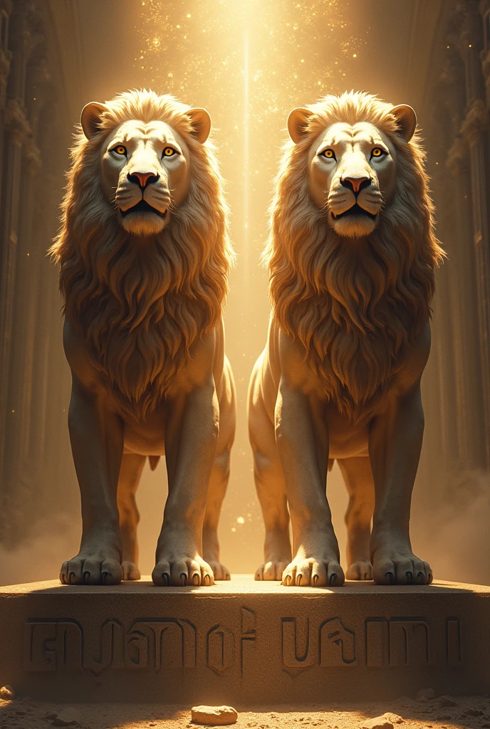GLORIFIED LIONS WITH GOD ON THEIR SIDE AND THE WORDS LION OF JUDAH CARVED AT THEIR FEET
