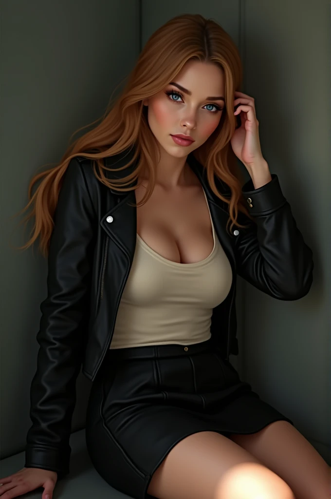 1 femme aux cheveux couleur cacahuète-noisette qui sont longs et lisses, with deep ocean blue eyes. Her skin is milky but a little tanned. She is on her side but her body remains straight facing the camera, elle a une main dans ses cheveux et elle regarde le sol. She has a leather jacket where she doesn&#39;t&#39;ne mets pas ses bras. Her skirt is black too. She has an off-white tank top. And she wears ankle boots. 