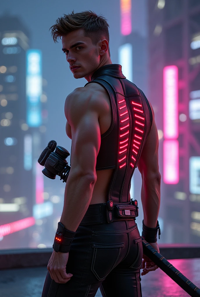 Whole body of a young handsome man in a strong, safe pose, It is seen from the left side behind., with head turned over shoulder to look toward viewer. Man holds a futuristic katana with one hand resting on his shoulder., while the other arm is relaxed at your side. The man's thigh is large and muscular.. He is standing on a rooftop in a cyber city and neon lights illuminate him.. masterpiece, A high resolution, (male focus), (1 chico, Thin with muscle, 20 years, half sick, short hair, Brown hair, bedroom), exposed ass, looking back, curious, close up, 8k, HDR Your body is eagerly explored.. He has a big ass, wide shoulder. Custom futuristic leather suit with glowing red lines on the back.. sleeveless. leg harness, arm harness. Whole body.
