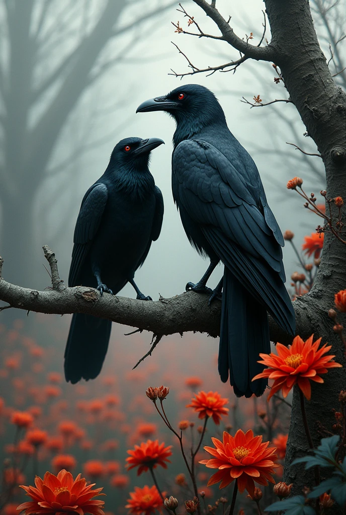 create a work of art inspired by death, with crows, and Higanbana flowers