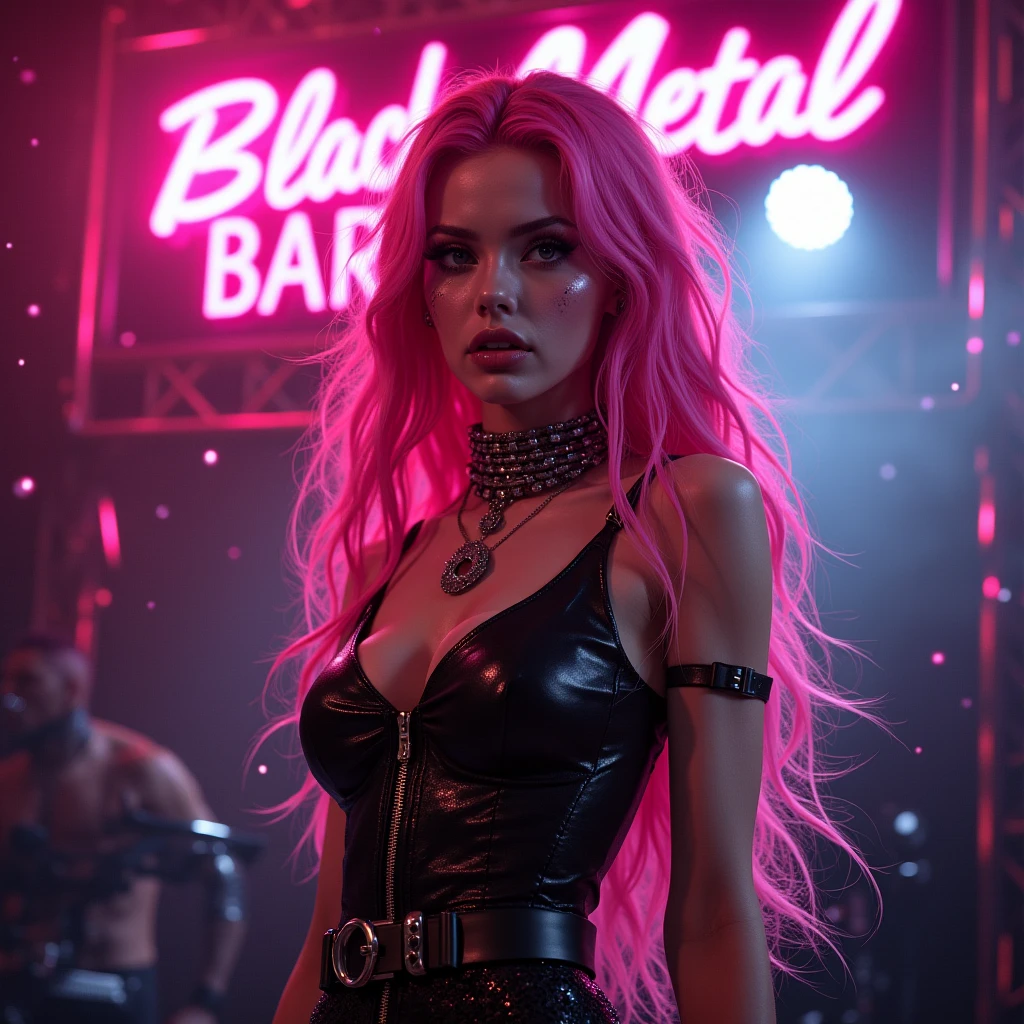 Beautiful model, perfect body, ultra realistic, hyper realistic, 4k, photorealistic, black metal sexy rockstar , pink hair, braces, freckles, full body shot, perfect hour glass body, perfect large breast, thin waist , a sign overhead with the text “Black Metal Barbie” in pink neon at the top on top of the girl, neon sparks falling from the text , performing on stage at a rock concert