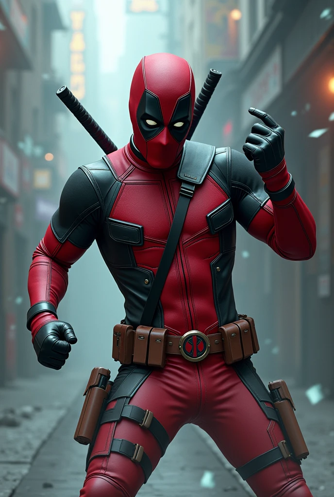 (solo, full body photo:1.3), (action packed:1.3), (haze, fog, mist:1.3), high quality, 8K Ultra HD, best quality, photorealistic, Deadpool dancing, (realistic), (24yo:1.2), red Deadpool costume highly detailed, digital photography, art by artgerm and ruan jia and greg rutkowski surreal painting , broken glass, (masterpiece, sidelighting, finely detailed Fashionable eyes: 1.2)