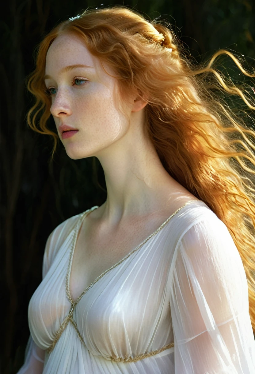 A delicate tableau: a lone girl, her long ginger locks flowing like a river of silk, wears a pristine white dress that seems to shimmer with an ethereal glow. The fabric appears almost translucent, like gossamer, as if the very essence of light has been woven into its fibers, showing her delicate nipples. She stands solo against a soft focus backdrop, her gaze cast downward, lost in thought, surrounded by an aura of innocence and vulnerability.