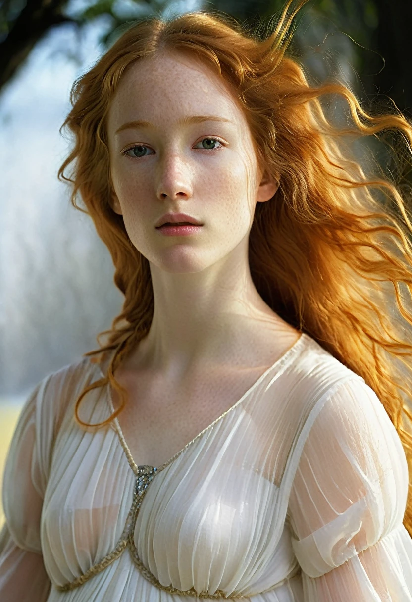 A delicate tableau: a lone girl, her long ginger locks flowing like a river of silk, wears a pristine white dress that seems to shimmer with an ethereal glow. The fabric appears almost translucent, like gossamer, as if the very essence of light has been woven into its fibers, showing her delicate nipples. She stands solo against a soft focus backdrop, her gaze cast downward, lost in thought, surrounded by an aura of innocence and vulnerability.