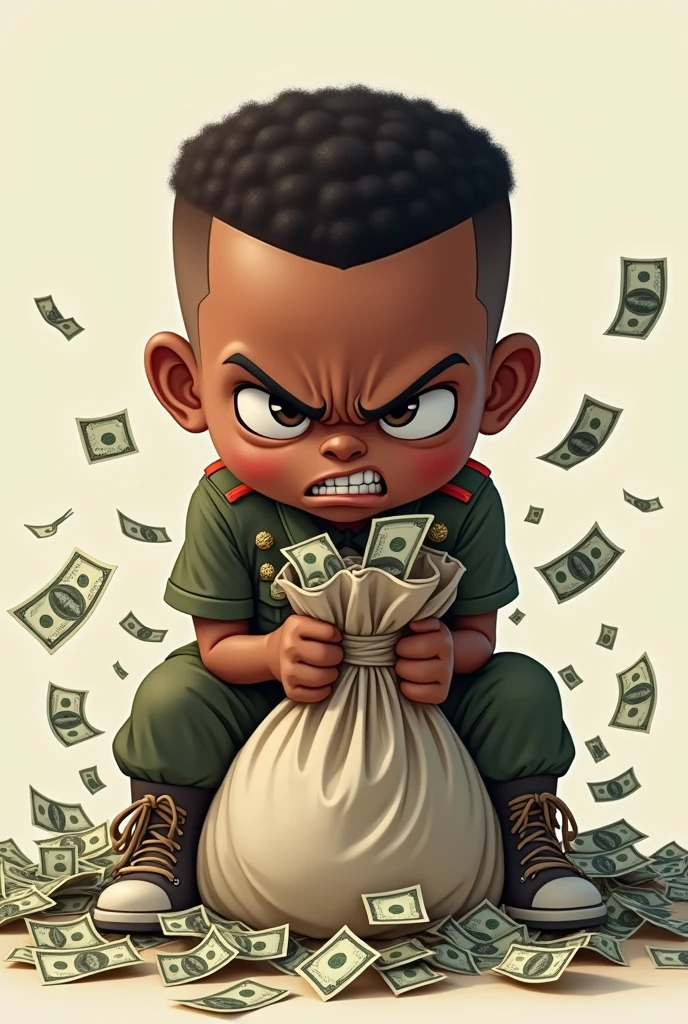  black child low side hair military style hair. no earring angry face holding a big bag of money, as if he couldn&#39;t handle all the money and money falling on the floor and running 