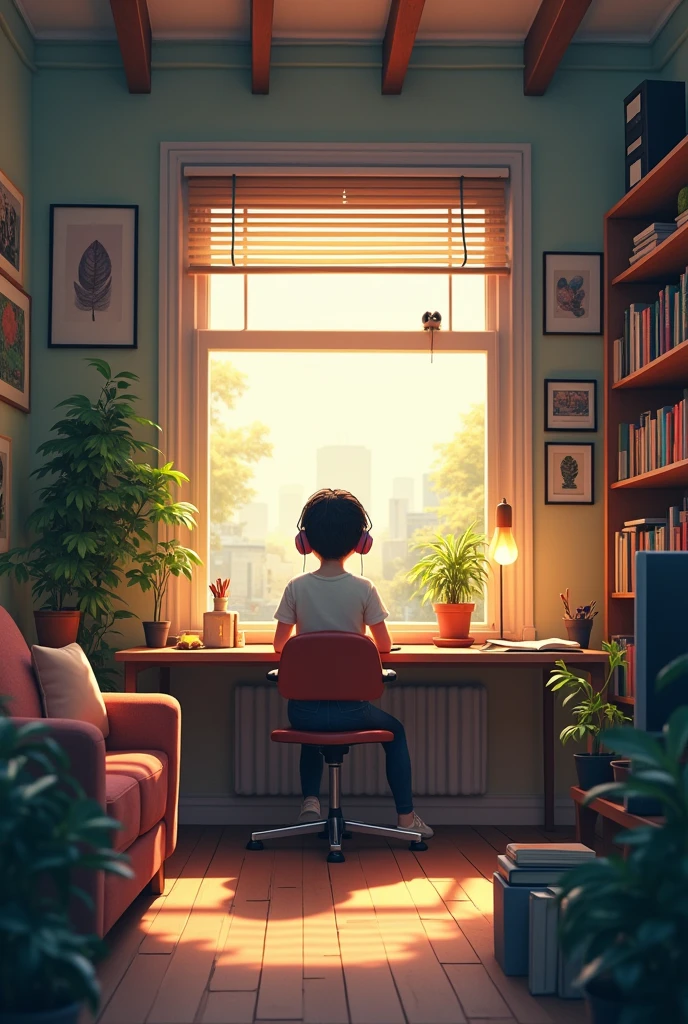 "Create an image featuring
a character sitting at a desk
with headphones on, in a cozy
room with warm lighting. The
room should have elements
such as books, decorations,
and a window showing either
a cityscape or nature.
The atmosphere should be
calm and inviting, suitable for
studying or relaxing. Include
soft shadows to enhance the
warmth of the scene."