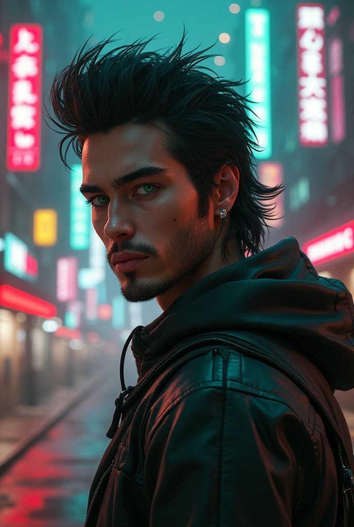 20 year old man living in cyberpunk world fighter class mullet hair green eyes earring