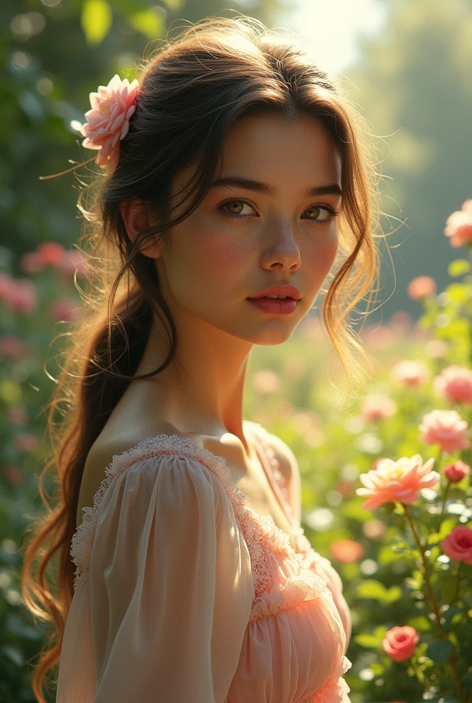 a beautiful girl in a serene garden, impressionist style landscape, vibrant colors, soft lighting, atmospheric mood, detailed features, elegant expression, graceful pose, lush foliage, blooming flowers, sun-dappled atmosphere, cinematic composition, ethereal and dreamlike