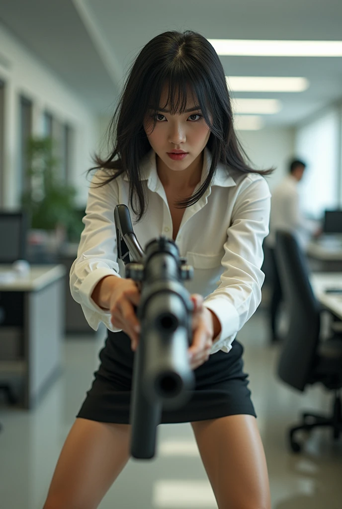 beautiful chinese office lady white shirt mini skirt realistic machine gun toting hip firing real person legs apart standing rampage shooting side facing angry expression