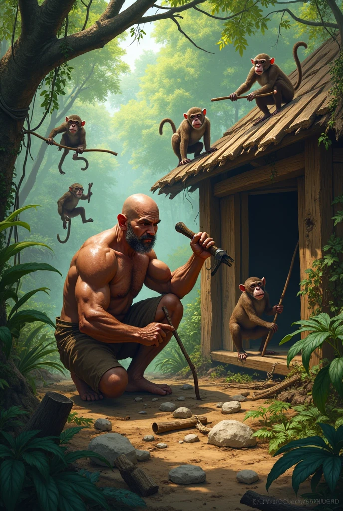 Bald man building a house in the jungle while being attacked by eys