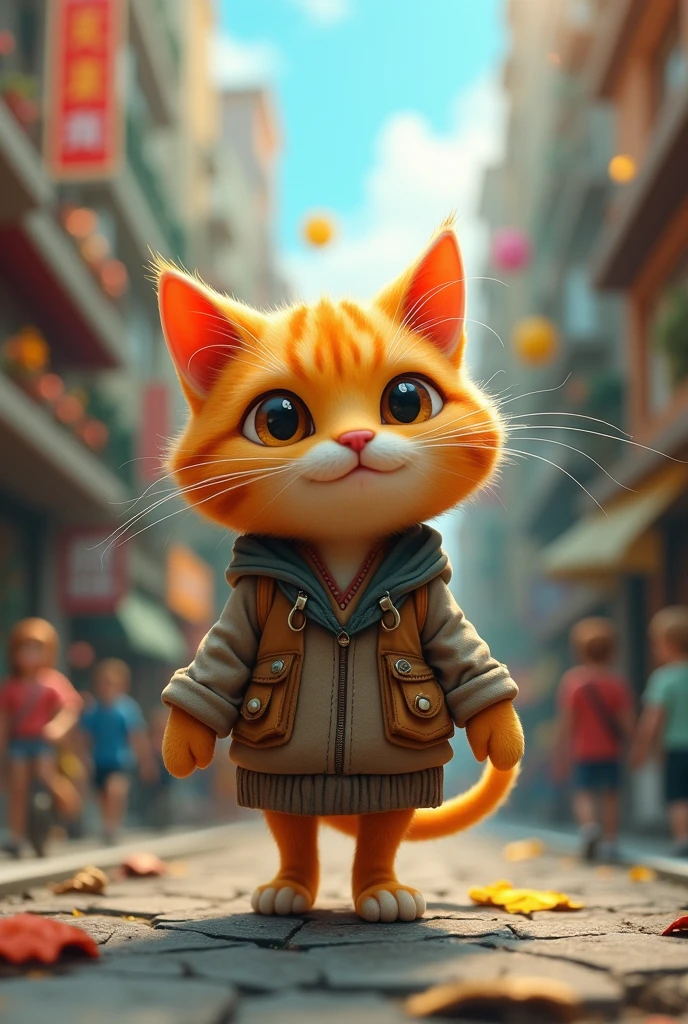 A cute close-up of an orange cat wandering around the city., building, complicated details, ((The crafty catก่อสร้าง)) ,Two-legged standing,Torn clothes, Walk on two legs,looking at the audience,The crafty cat