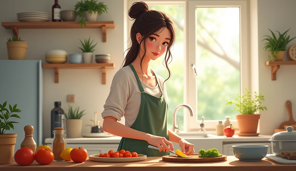A woman is cooking and looking at the camera
