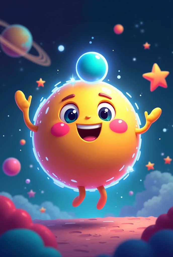 Create an animated image in a -friendly style representing an alpha particle. The alpha particle should be personified as a friendly, smiling character with a round body composed of two protons and two neutrons, illustrated as small, colorful spheres that are playfully held together. The protons can be colored red and the neutrons blue, with a glowing outline around them to show that the particle is full of energy. The alpha particle should be floating in a colorful space background with small, stylized stars and planets drawn in a cheerful manner. It can have bright eyes and a smile to make it more engaging for childThe scene should be colorful and vibrant, conveying a sense of fun and energy.