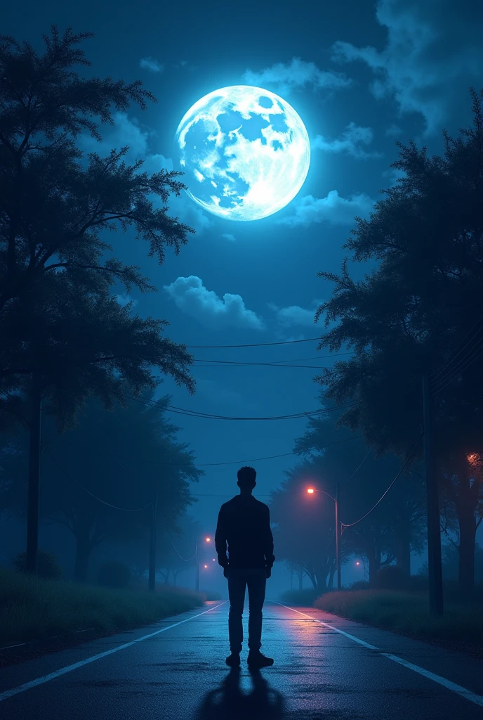 A beautiful scenery of night with beautiful moon with little cloudy and neon light effect a man is standing on the road looking at the moon and trees are on both sides of road make little natural