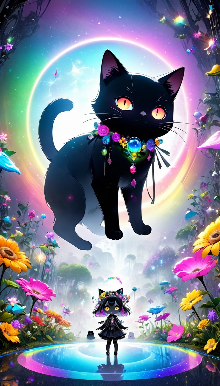 A fantasy world that combines flower punk and gem punk, Beautiful fairy, A distorted space from another dimension, Cute naughty ghost,Concept installation art with black cat, (Extremely detailed, Absolute resolution, best quality:1.3), 2.5D, Delicate and dynamic special effects, Fog filter effect, Rainbow glitter effect, artistic, overtake, Graphics CG Digital Art