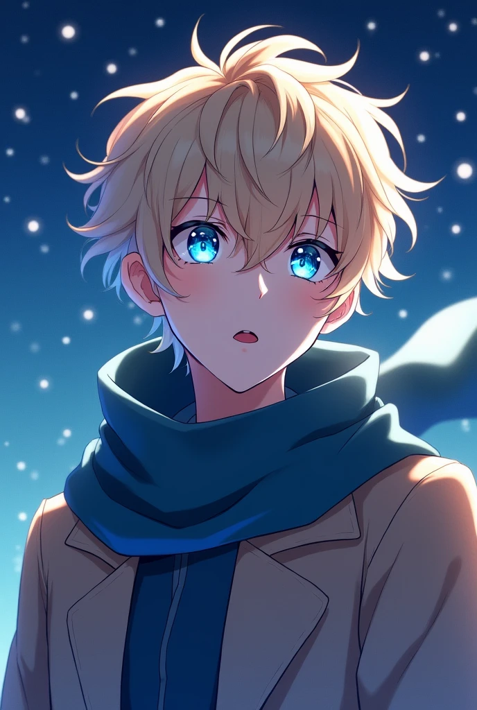 Young man, , with pastel blonde hair, skin fair, blue-green heterochromia in the eyes, crystal blue eye and one aqua green eye, medium hair flying back, messy bangs flying back, coat and scarf flying, neve, stary night, slightly surprised expression, close no rosto, front angle, 2D anime, FULL HD.