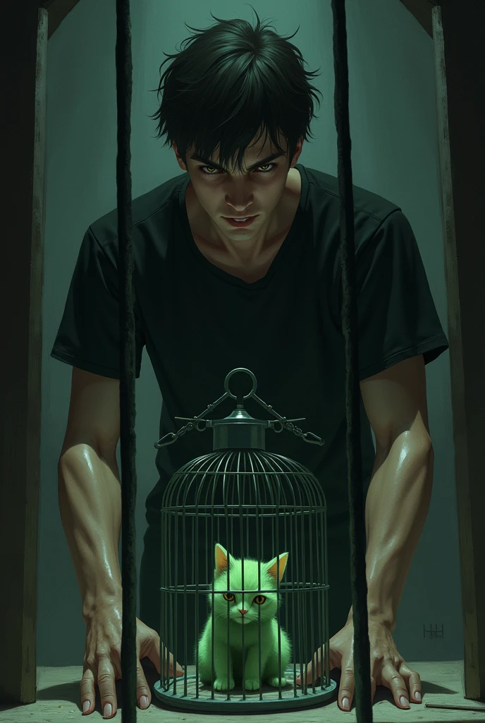 A young man with brown eyes and in black t shirt with evil laugh lock the small little  poor sad green cat  in the cage AI image 