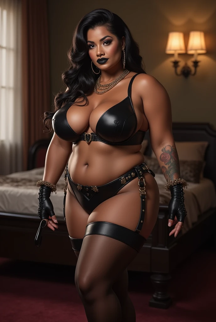 Wet , Kinky , mistress, hunter, Wet BBW PAWG CHUBBY CURVY FAT ASS CURVY mistress her big ass in leather thong and big cleavage in leather bra, dark black lipstick,high heels, inside bedroom , pantyhose, strapon dildo, kinky , femdom, cruel mistress, sex toys,hand gloves with HUNTER and tattoo and strap in neck, Full body picture,